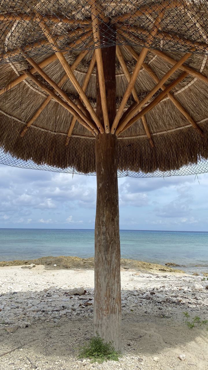 GAZEBO ON BEACH AGAINST SKY