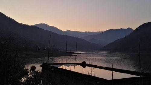 Scenic view of river against sky during sunset