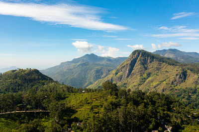 Aerial view of agricultural lands and tea estates among the hills in the mountains.. 