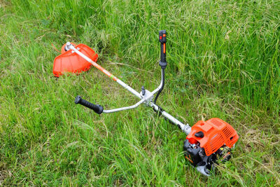 High angle view of toy car on field