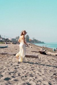 Rear view of woman with dog at beach