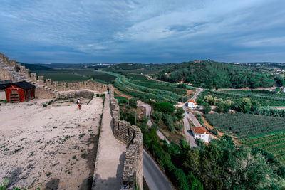 High angle view of buildings against sky