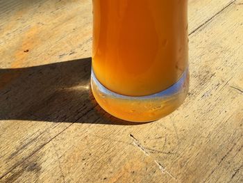 High angle view of beer on table