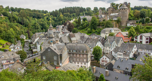 High angle view of buildings in town