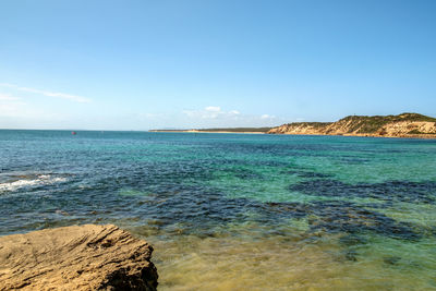 Scenic view of sea against blue sky