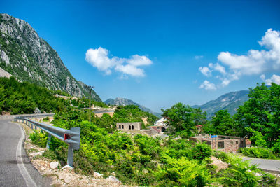 Scenic view of trees and houses against sky