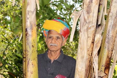 Close-up of an elderly indian farmer or gardener with a smiling face, wearing a colorful turban