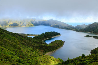 Scenic view of lake and mountains against sky