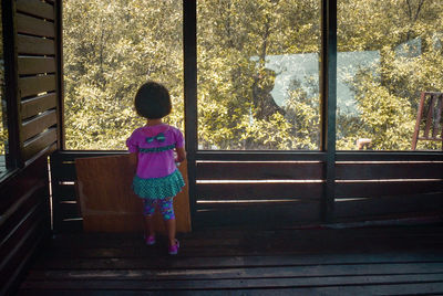 Rear view of woman looking through window