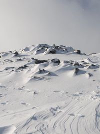 Scenic view of snow covered land against clear sky