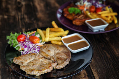 High angle view of food served on table