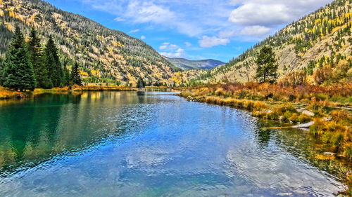 Scenic view of lake and mountains against sky