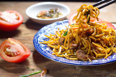 Close-up of food served on table