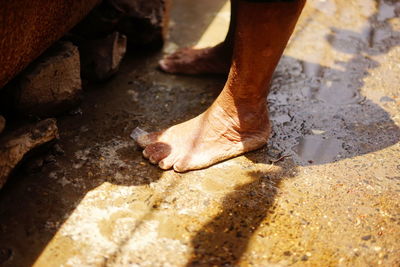 The chemical impact on a laundry man's feet in dhobi ghat, mumbai's biggest open air laundry 