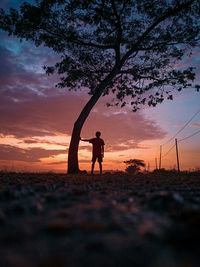 Silhouette man standing by tree against sky during sunset