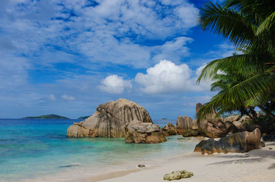 Panoramic view of sea and rocks against sky