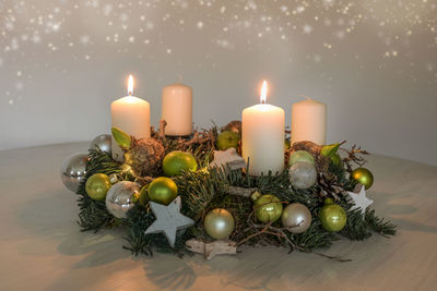 High angle view of christmas decorations on table