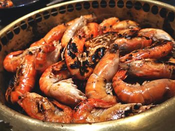 High angle view of seafood in cooking pan
