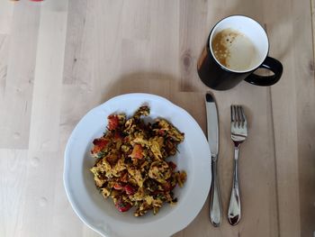 High angle view of breakfast on table