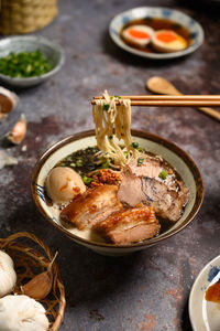 High angle view of food in plate on table