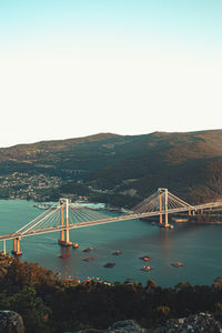 Suspension bridge over river against sky