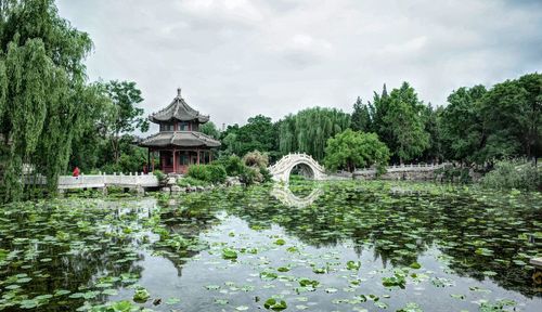 Arch bridge over lake against sky