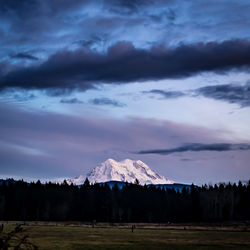 Scenic view of snowcapped mountains against sky at dusk