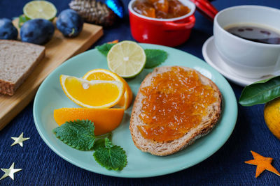 Close-up of breakfast served on table