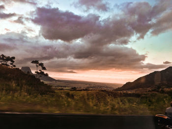 Scenic view of mountains against sky during sunset