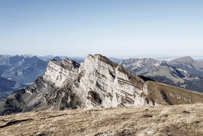 Scenic view of snowcapped mountains against clear sky