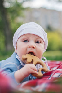 Portrait of cute boy eating food