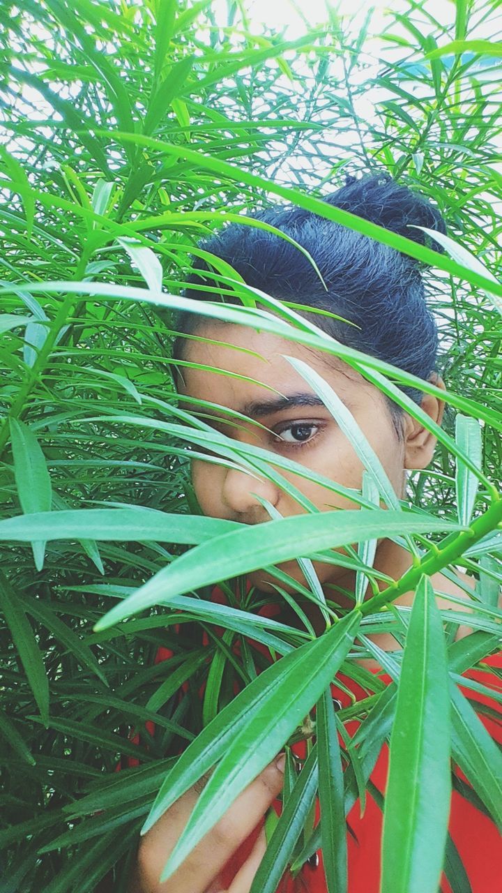 CLOSE-UP PORTRAIT OF YOUNG WOMAN WITH PALM TREE