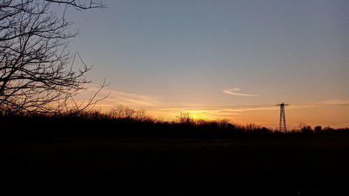 Silhouette trees on field against sky during sunset