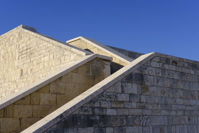 Low angle view of building against clear blue sky