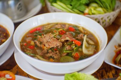 High angle view of soup in bowl on table