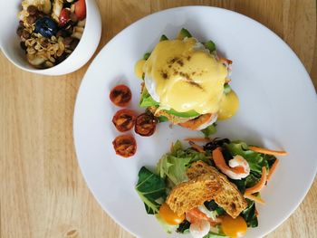 High angle view of breakfast served on table