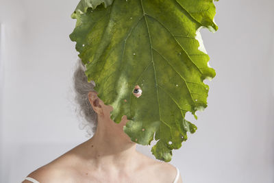 Close-up of leaf with woman in background