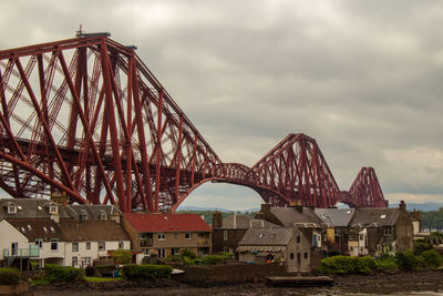 Forth bridge over river in city against sky