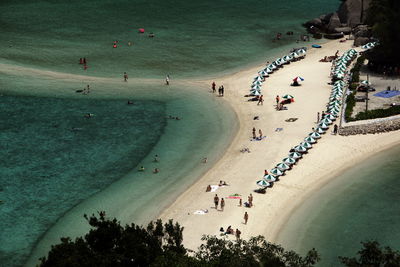 Aerial view of tourists at beach during sunny day