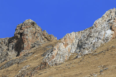 Scenic view of mountains against clear blue sky