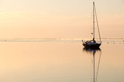 Sailboat in sea at sunset