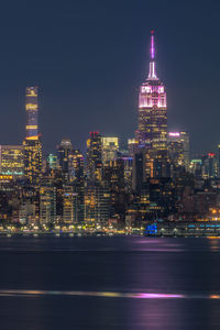 Illuminated buildings in city at night