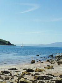 Scenic view of sea against clear blue sky