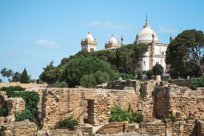 View from ruins of punic district on byrsa hill on saint louis cathedral in carthage, tunisia.