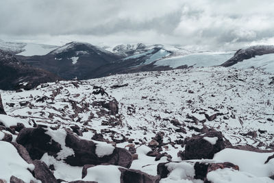 Scenic view of snow covered mountains against sky