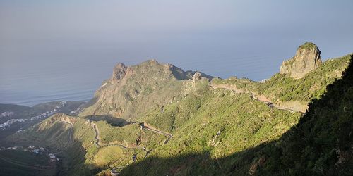 Panoramic view of landscape and sea against sky