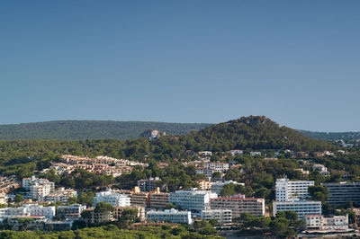 High angle view of townscape against clear blue sky