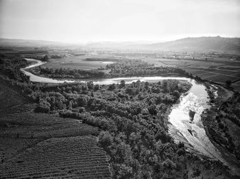 High angle view of land against sky