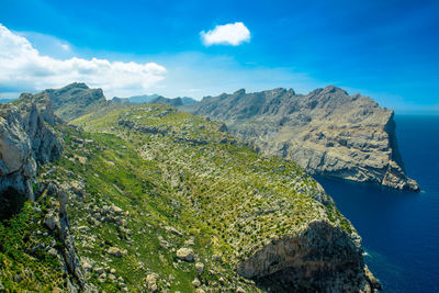 Scenic view of sea and mountains against sky