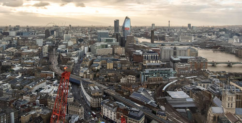 High angle view of modern buildings in city